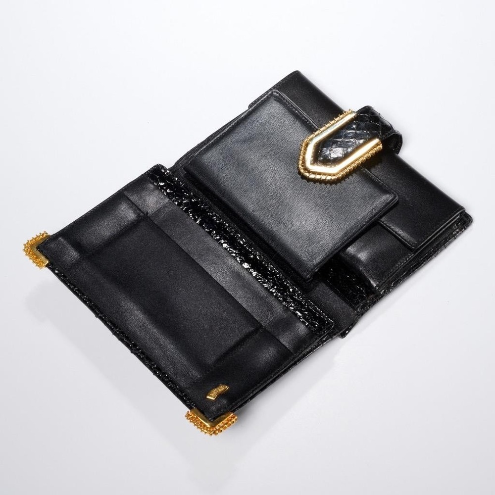 Judith Leiber Black Snakeskin Leather Ladies Tri-Fold Wallet Gold Tone Hardware - Picture 5 of 6